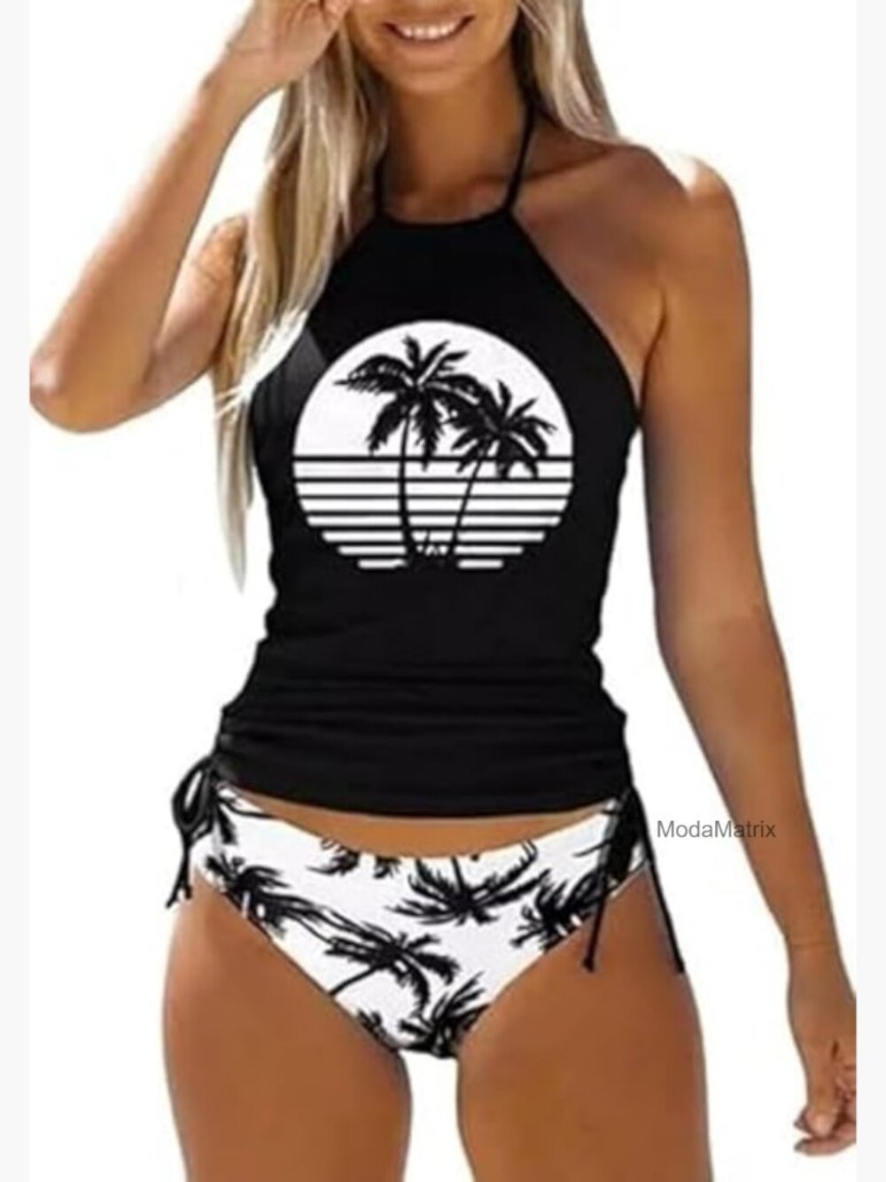 Medium Tankini Set with Halter Neck, Adjustable Drawstring, Polyester Blend